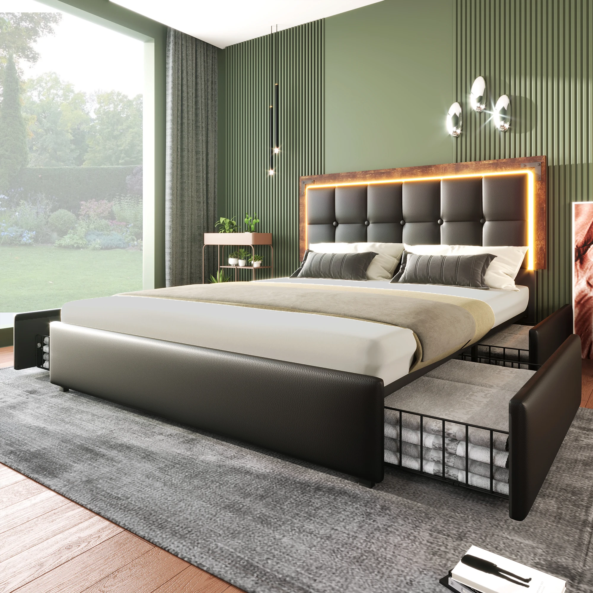 Bett mit Schubladen Doppelbett, 4 Schubladen, LED und verstellbares Kopfteil, 140×200 cm Image