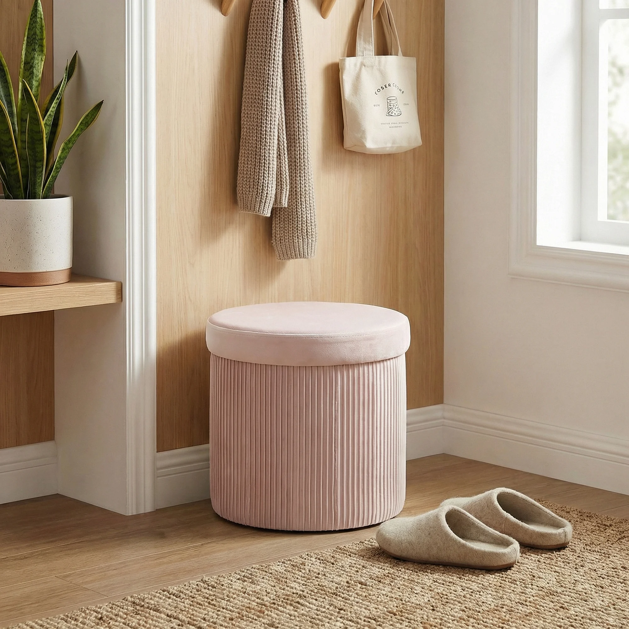 Puff Aufbewahrungssitzbank Faltbar 35 L 38x38x38 cm Samtbezogen Runder Aufbewahrungskoffer Rosa Image