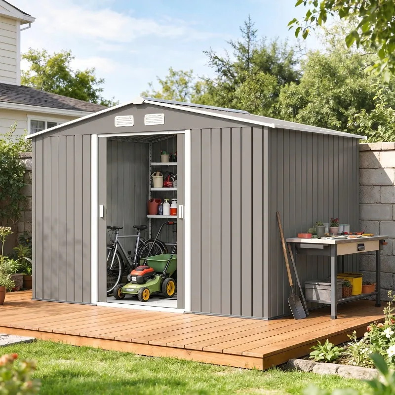 Gartenpavillon 5,4 m² 2,77 x 1,95 x 1,92 m mit Fundamentbausatz, Schiebetür, Lüftungsöffnungen, verzinkter Stahl, grau