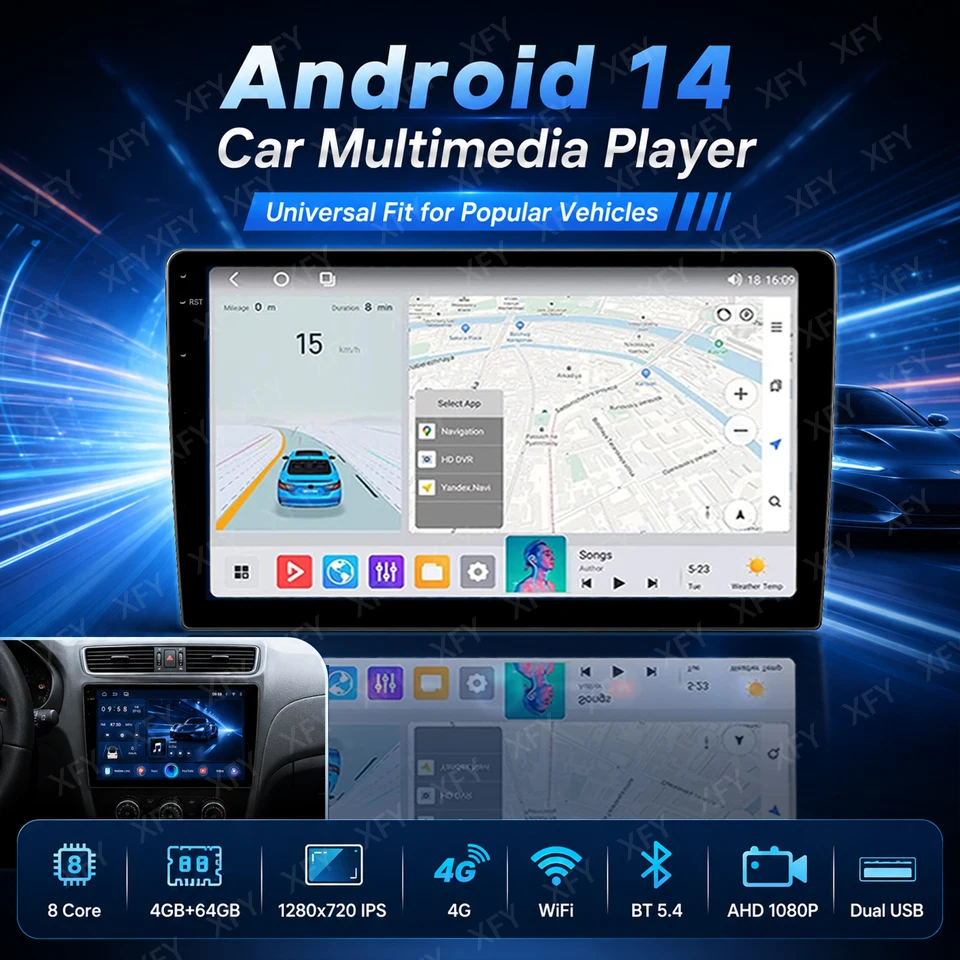 XFY 2DIN Android 14 CarPlay Autoradio Android Auto GPS Multimedia-Player Universal 9/10 Zoll Auto-Stereoanlage WiFi-Player QLED-Bildschirm Image