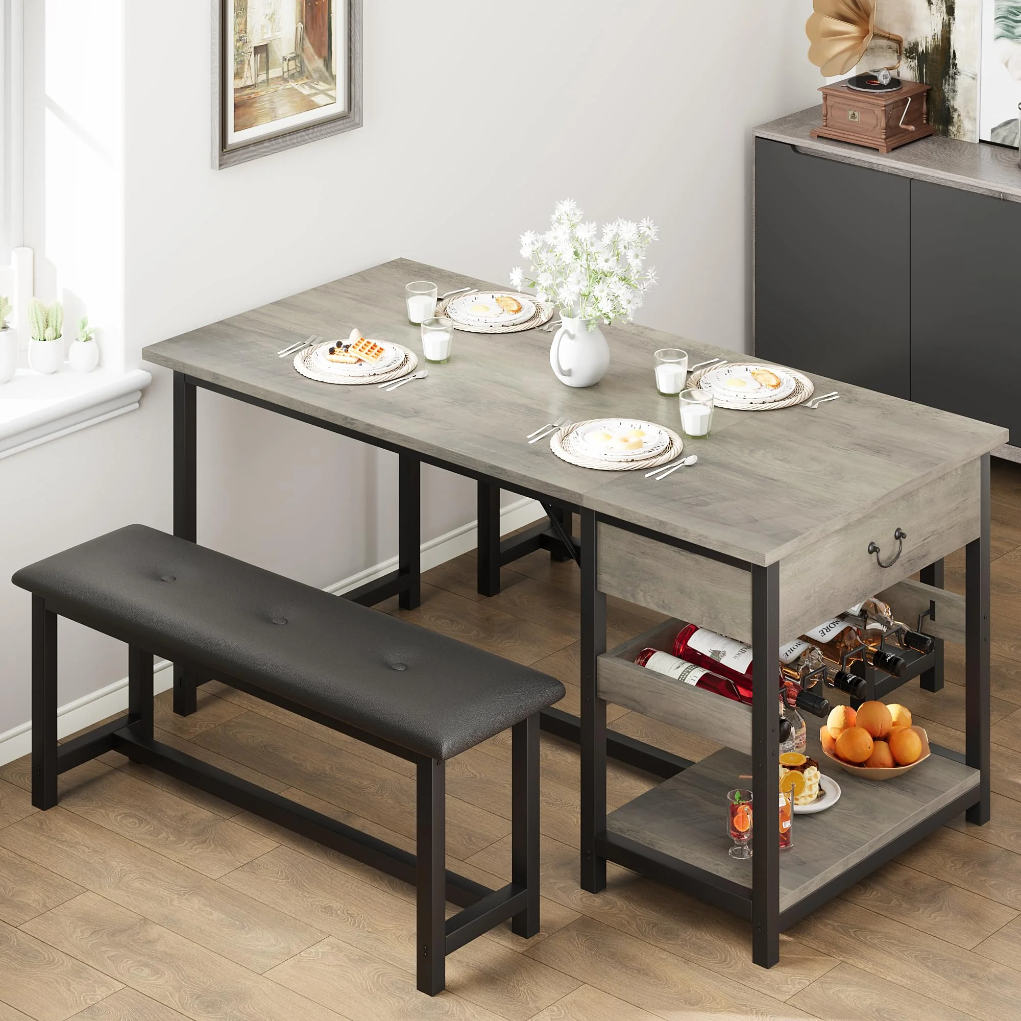 GAOMON graues Esstisch-Set für 4 Personen – 3-teiliges Retro-Küchen-Tisch-Set mit Bänken, Metallrahmen und MDF-Platte, rustikaler Küchentisch mit Stauraum für kleine Räume und Apartments, robustes