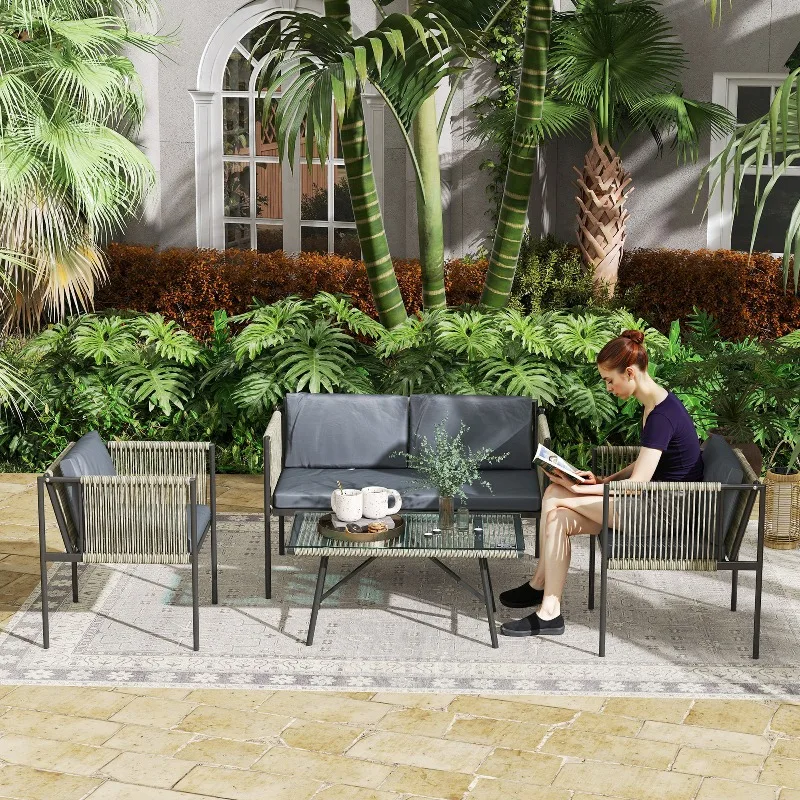Gartenmöbel-Set aus Rattan mit 2 Sesseln, 2-Sitzer-Sofa und Glas-Couchtisch, Grau