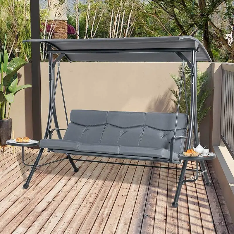Hollywoodschaukel 3-Sitzer Gartenschaukel Schaukelbank mit verstellbarem Sonnendach Teetisch Stahl Polyester Grau+Schwarz 271