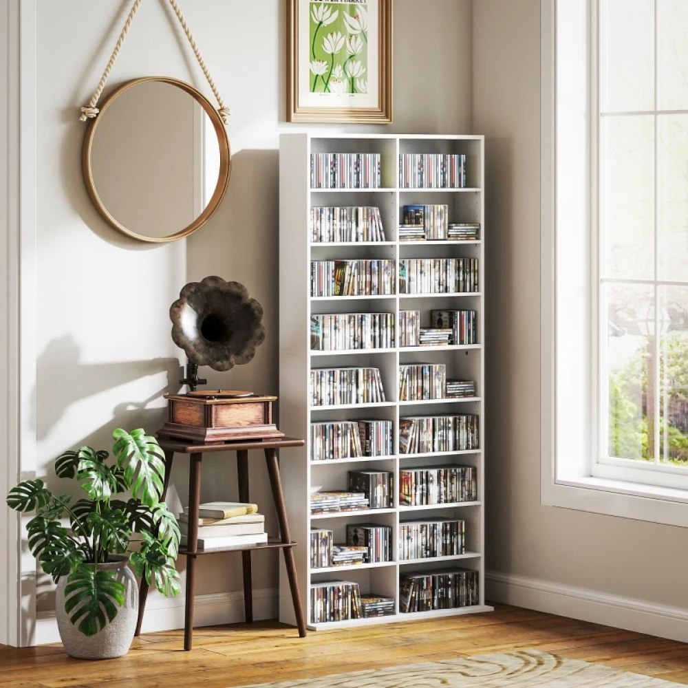 CD-Regal, Bücherregal für das Wohnzimmer, Multimedia-Regal, 78,5 x 24 x 175 cm, 14 verstellbare Einlegeböden, kippsicher, weiß Image