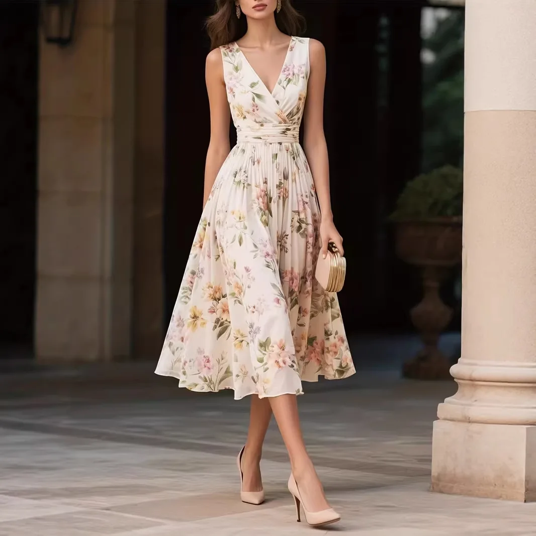 Hochtailliertes Kleid mit Blumenmuster, sexy V-Ausschnitt, ärmellos, schmal geschnitten, langes Kleid, Sommer, elegant, Strandkleid, Urlaubskleid für Damen Image