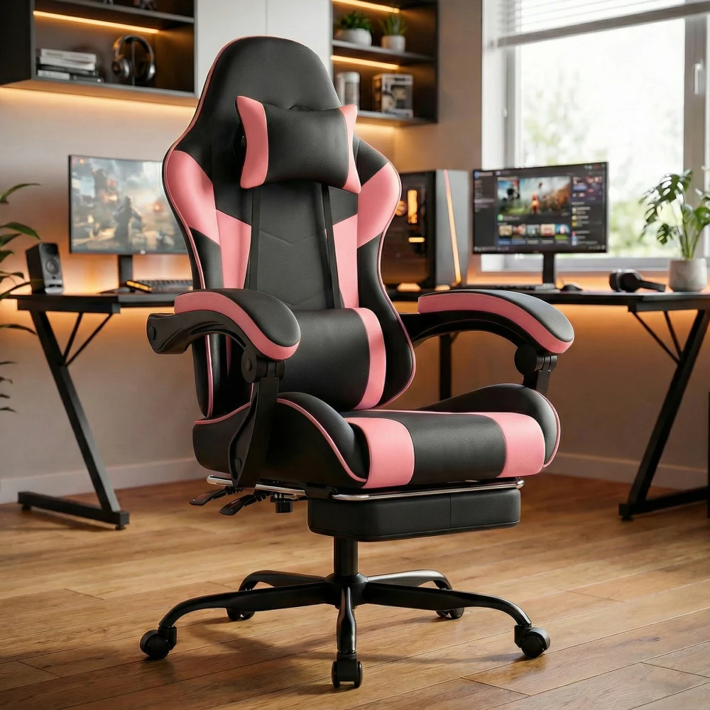 Gaming-Stuhl Ergonomischer Gaming-Sessel mit Lendenwirbelstütze, Atmungsaktiver PU-Leder Bürostuhl, Komfortabler Computerstuhl