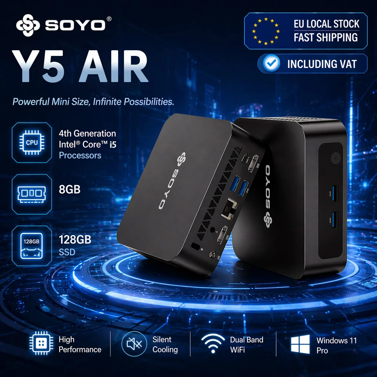 SOYO Y5 AIR Mini-PC i5-4250U Prozessor 8 GB RAM 128 GB SSD Windows 11 PRO Bluetooth WIFI5 Mini-Desktop-Computer
