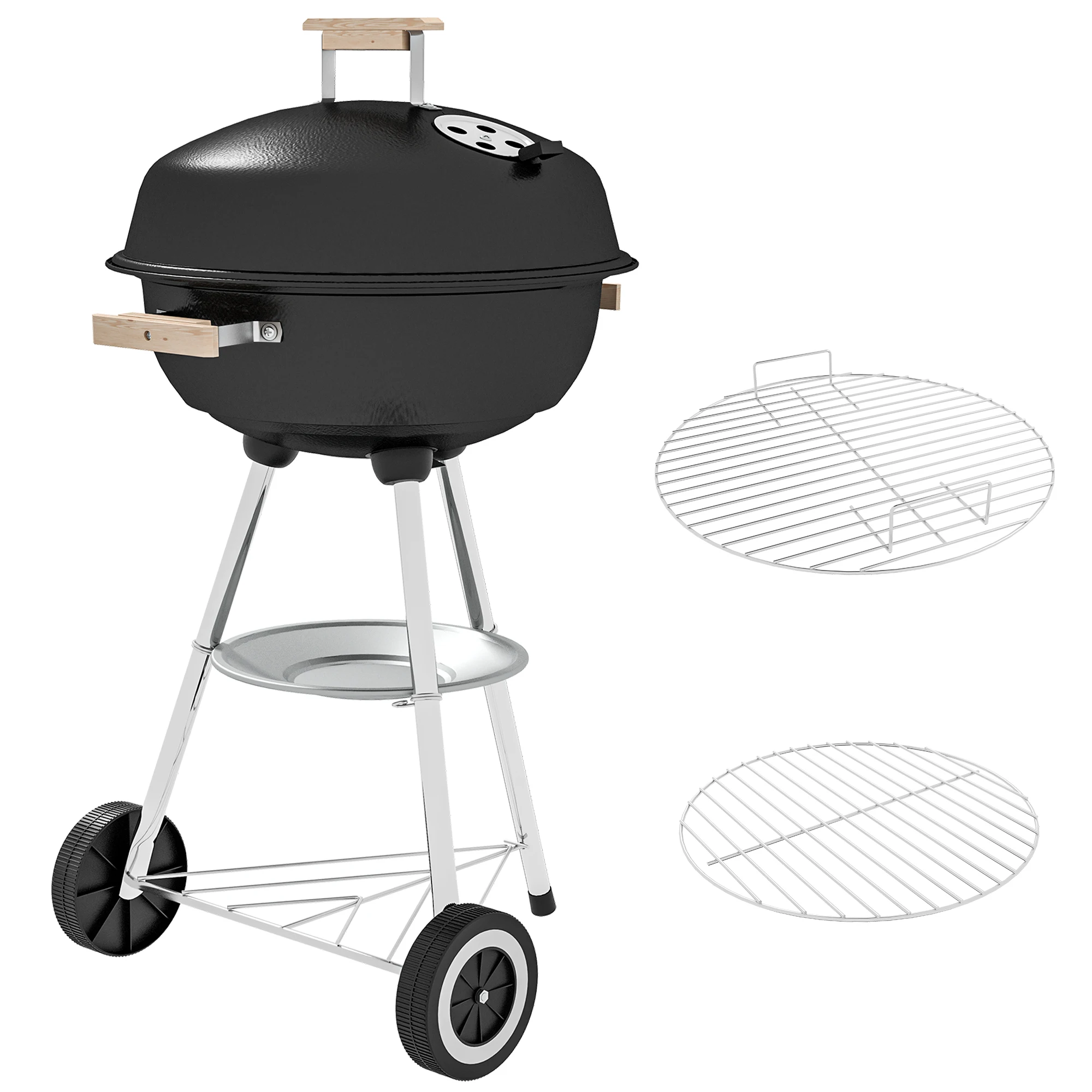 Tragbarer runder Holzkohlegrill mit Deckel, Rädern, Temperaturregelung, Schwarz, 22 Zoll Image