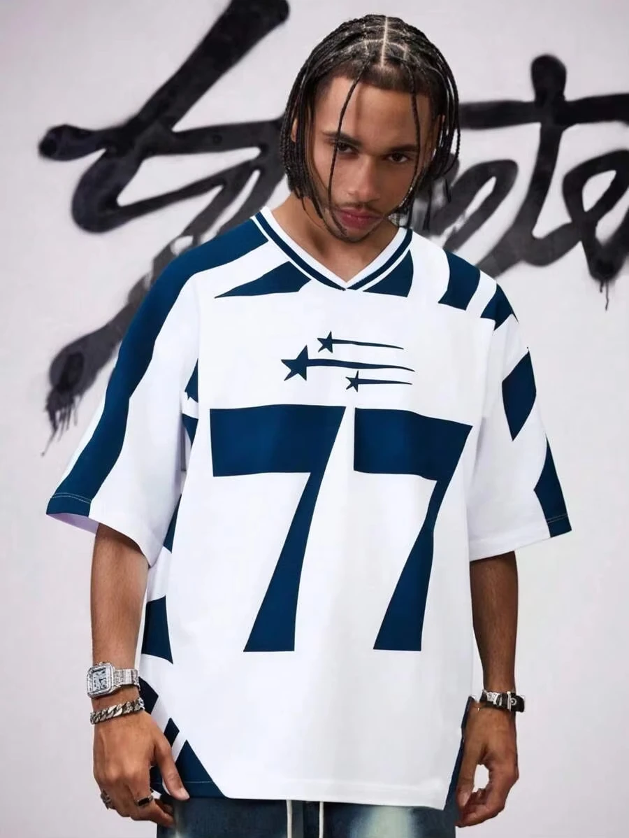 2025, Herren-T-Shirt mit V-Ausschnitt, Nummern-Fußballtrikot, locker, schnell trocknend, kurzärmelig, modisches Hip-Hop-Street-Dance-Kleidungsoberteil Image