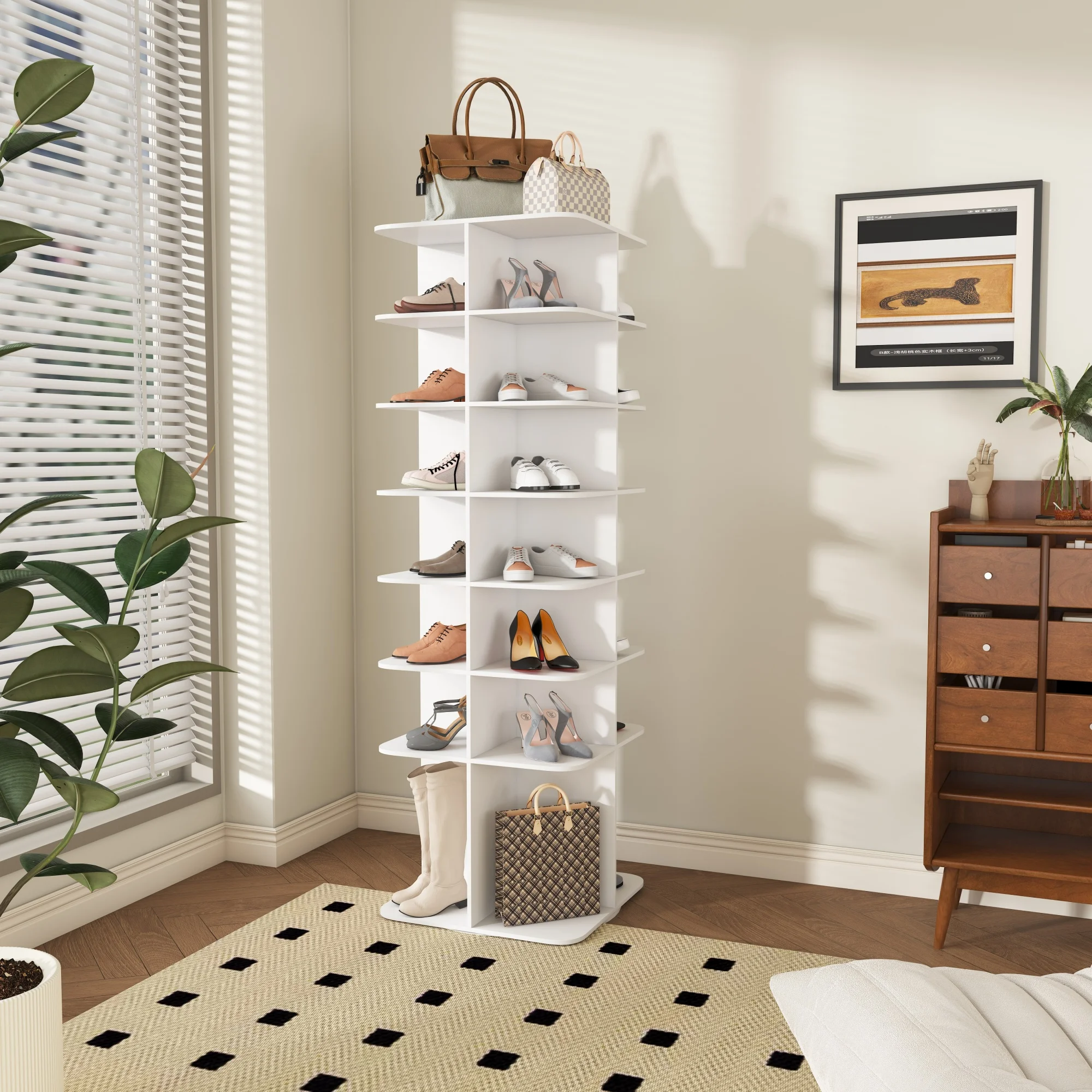 7-stufiges drehbares Schuhregal, 360° ° Freistehender Schuh-Organizer-Turm, Weißes Aufbewahrungsregal für 28 Paar Schuhe