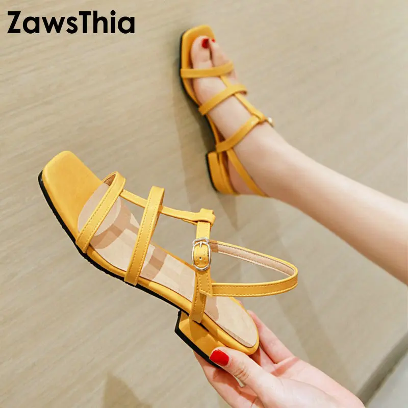 ZawsThia 2020 Sommer PU Gelb Blau Grün Niedrige Quadratische Fersen Frau Schuhe Bandage Strap Offene spitze Gladiator Sandalen Großen Größe 48 49
