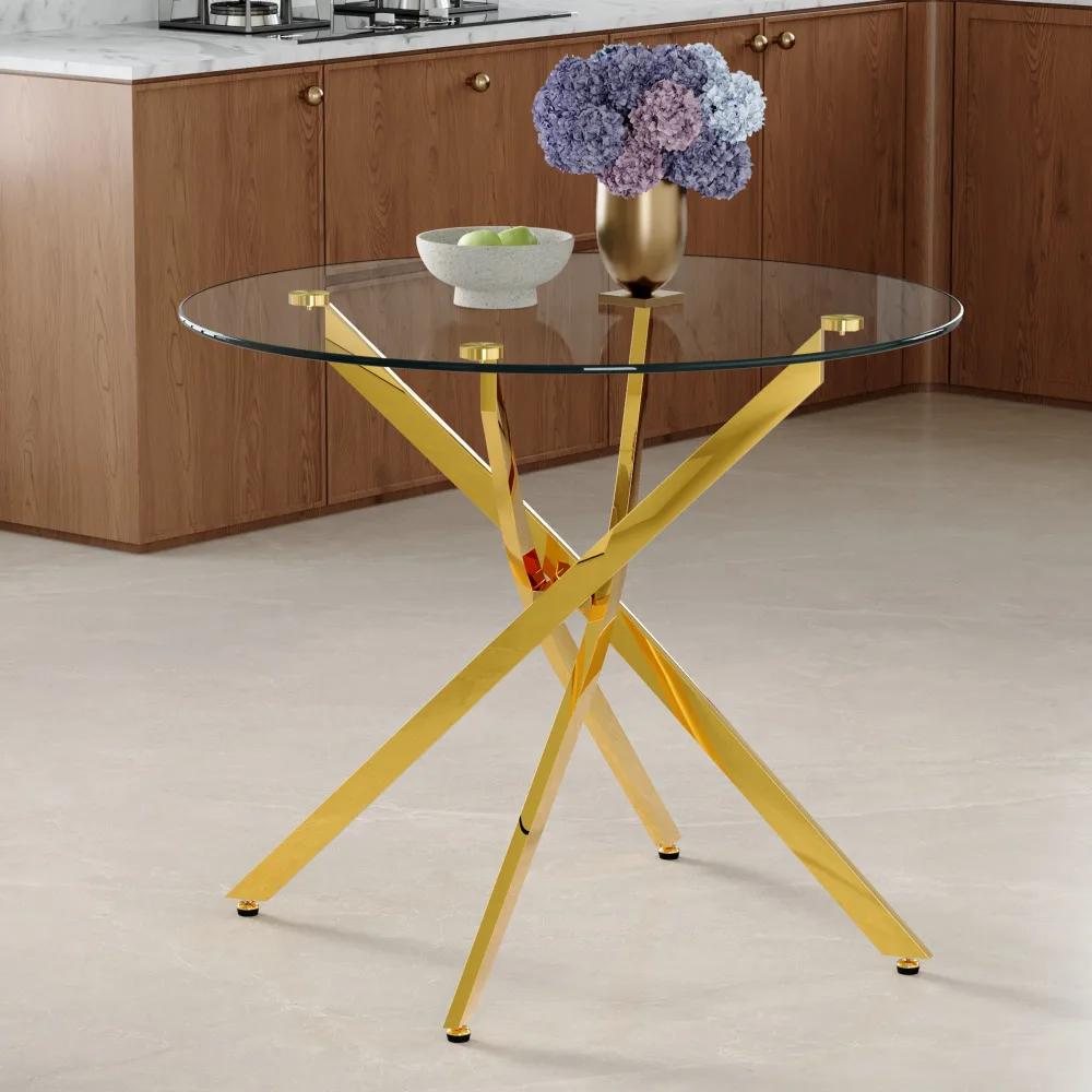 88cm Runder Glas-Esstisch Goldfarbene Metallbasis Luxuriöses Leichtes Design Modern Einfach für 2-4 Personen Kleiner Essbereich