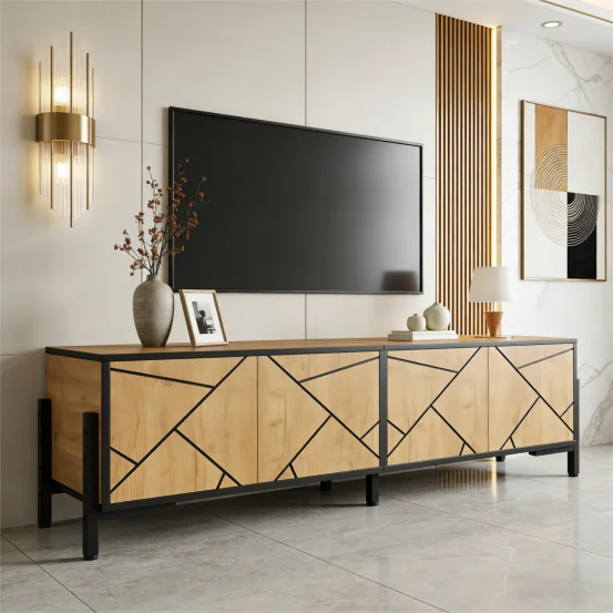 153 x 40 x 50 cm TV-Schrank, Lowboard, TV-Ständer mit 4 Türen, kontrastierendes geometrisches Design, geeignet für Fernseher mit etwa 65 Zoll
