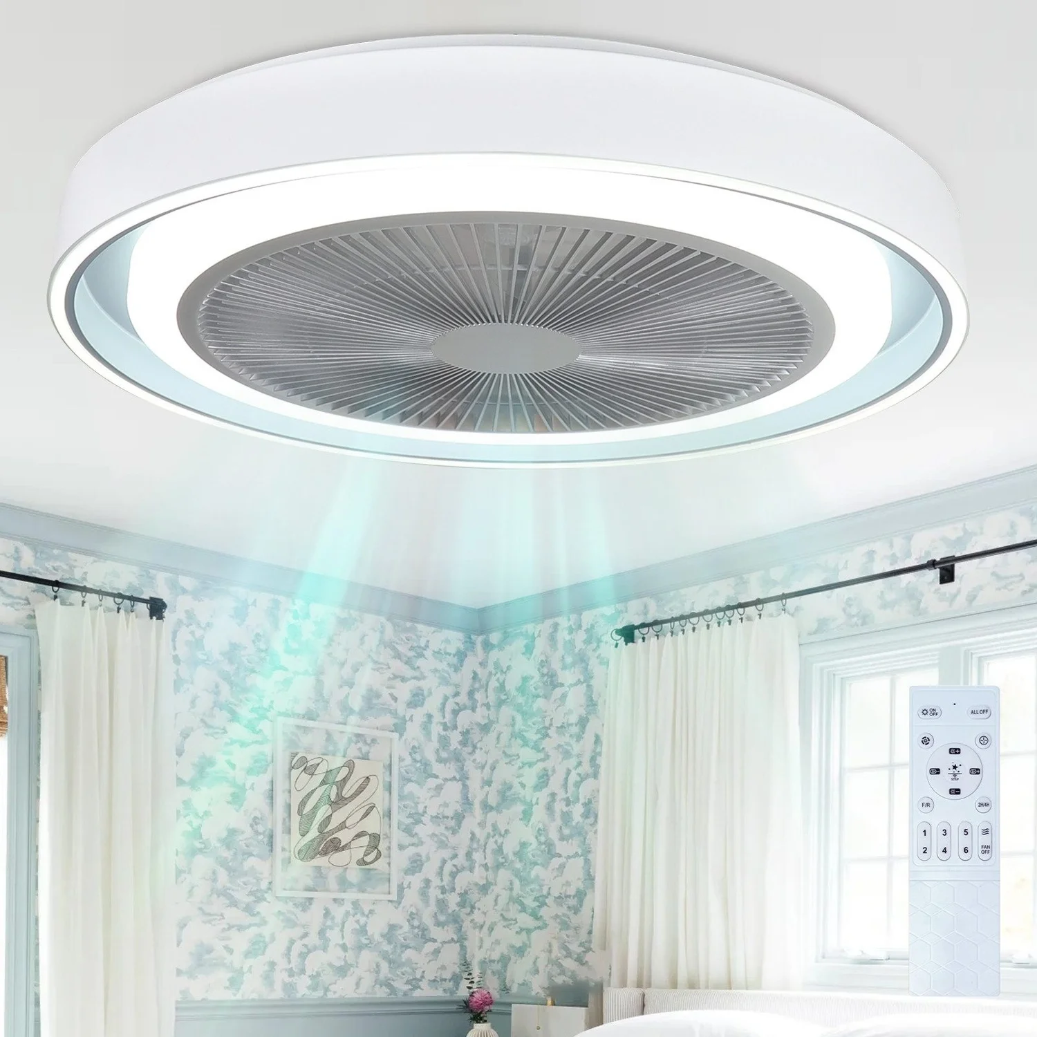 GBLY Moderner blauer Deckenventilator mit Licht, 5 Flügel, 3 Geschwindigkeiten, leise, dimmbare LED, 1-2-Stunden-Timer, Fernbedienung für Zuhause Image