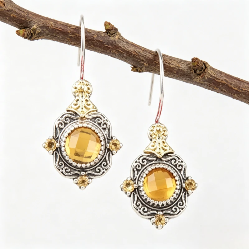 Ethnische Handgefertigte Strukturierte Gelbe Synthetische Zirkonia Tropfen-Ohrringe für Frauen Vintage Delikater Bankett-Festival-Schmuck Geschenke