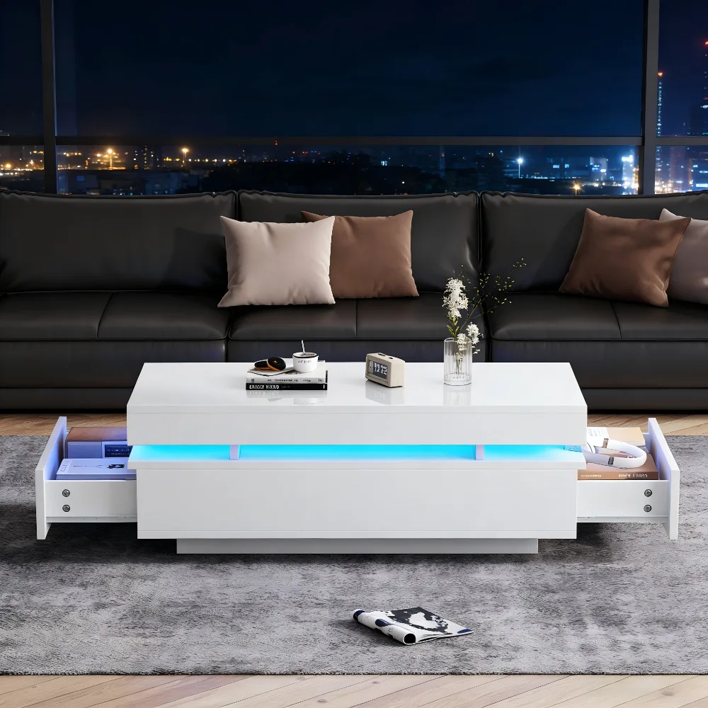 100x50x35cm Couchtisch mit 2 Schubladen, Hochglanz-LED-Beistelltisch, Teetisch, Weiß, Wohnzimmer