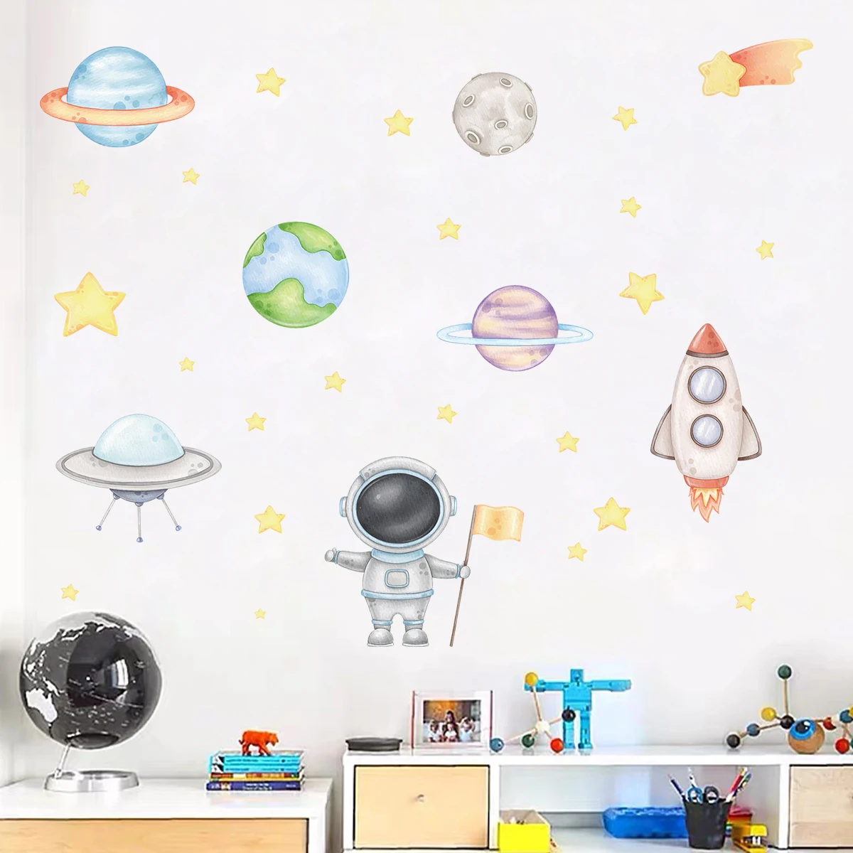Cartoon Planet Rakete Astronaut Wandaufkleber für Kinderzimmer Kinderzimmer Dekoration Baby Schlafzimmer Dekor für Haus Wandtattoos