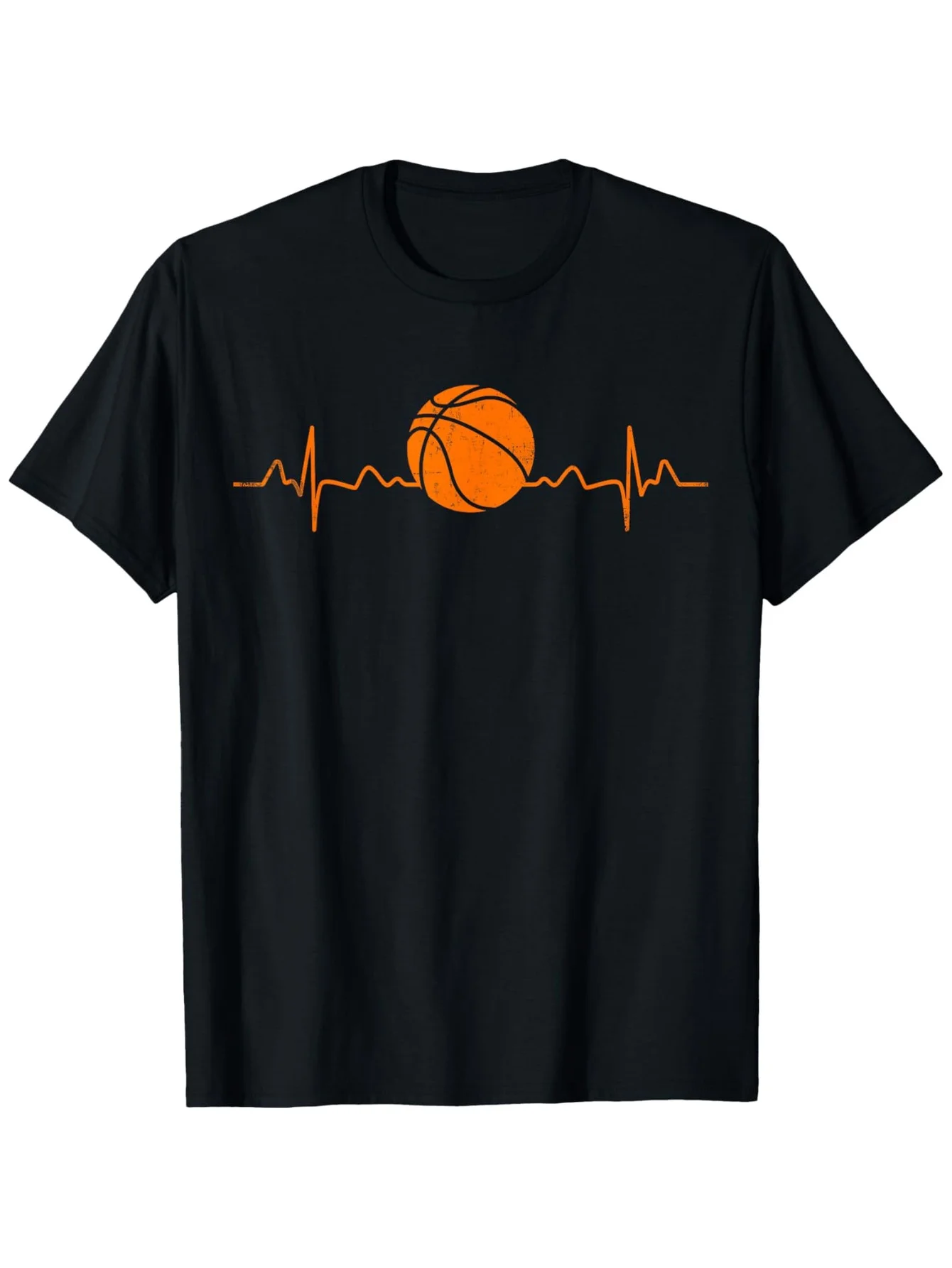Herren Vintage Basketball Heartbeat Grafik-T-Shirt, Rundhalsausschnitt, Kurzarm in Schwarz mit Orange-Weiß