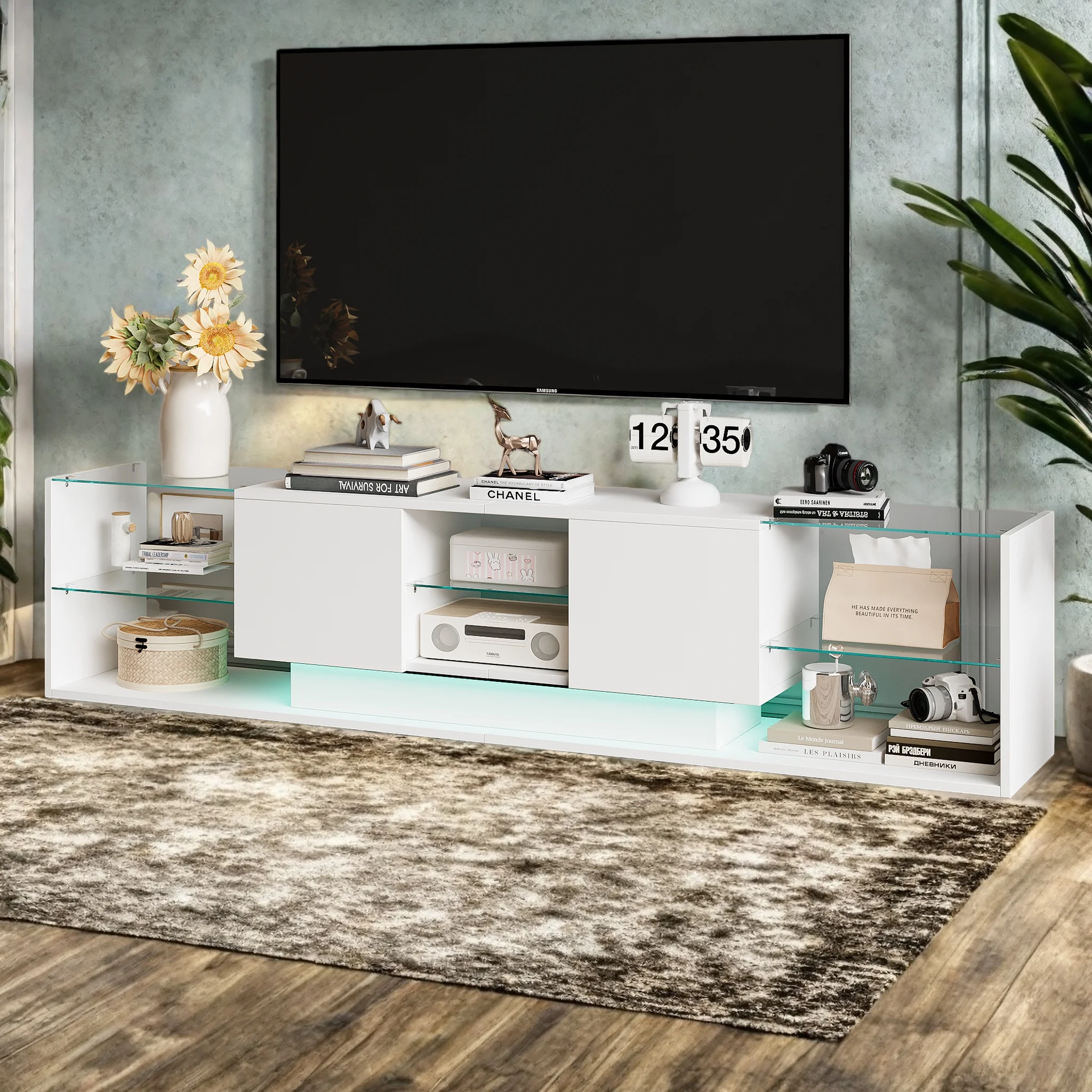 Meuble TV LED Comanlai, Meuble TV bas blanc, Meuble d'appoint et meuble Hi-Fi, Meuble TV moderne avec éclairage LED, Console multimédia pour salon, Table TV avec rangement, Unité de divertissement