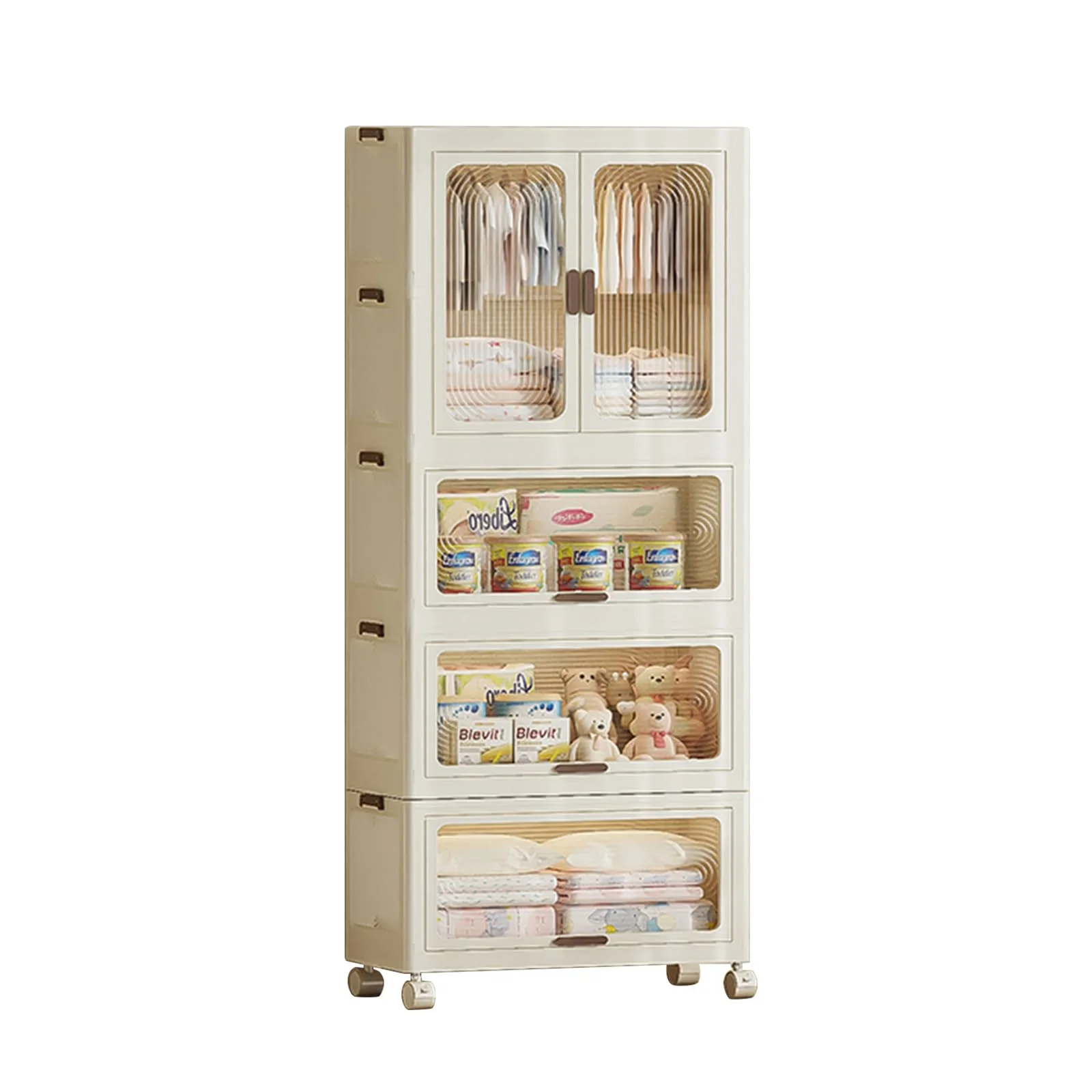 Garvee Tragbarer Kinderkleiderschrank mit 4 Fächern und Türen, mobiler Plastik-Kleiderschrank mit Kleiderstange und 10 Bügeln, kompakter Babykleider-Organizer auf Rollen, ideal für Kinderzimmer,