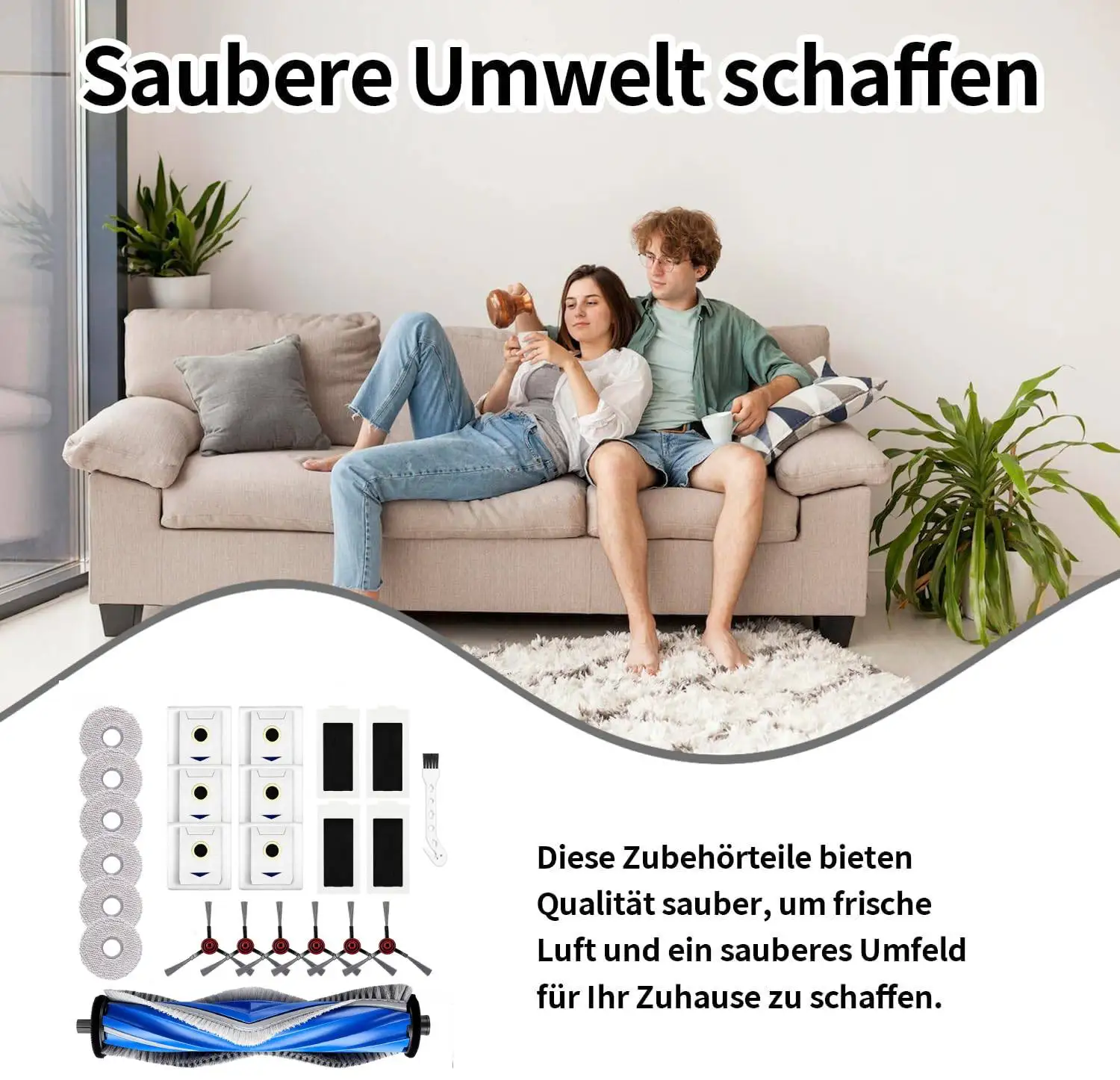 24tlg Ersatzteil-Set für Ecovacs Deebot T30 Omni/Pro – 1 Hauptbürste, 6 Staubbeutel, 6 Wischpads, 6 Seitenbürsten (Zubehör) Image