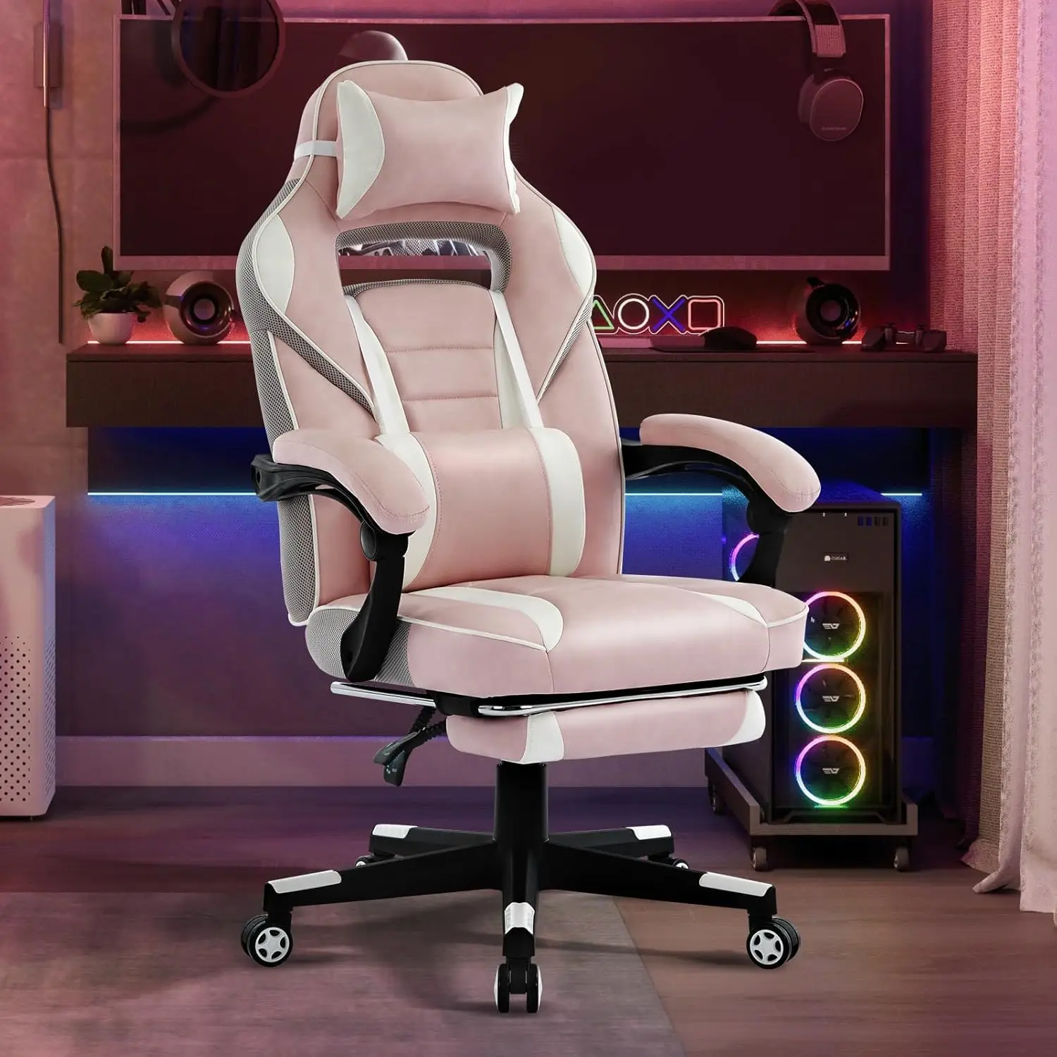 Gaming-Stuhl, Computer-Bürostuhl aus PU-Leder mit Fußstütze, Kopfstütze und Lendenwirbelstütze, höhenverstellbarer ergonomischer Rennstuhl für Erwachsene, 360° drehbar ° Drehbare Basis für Büro und Image
