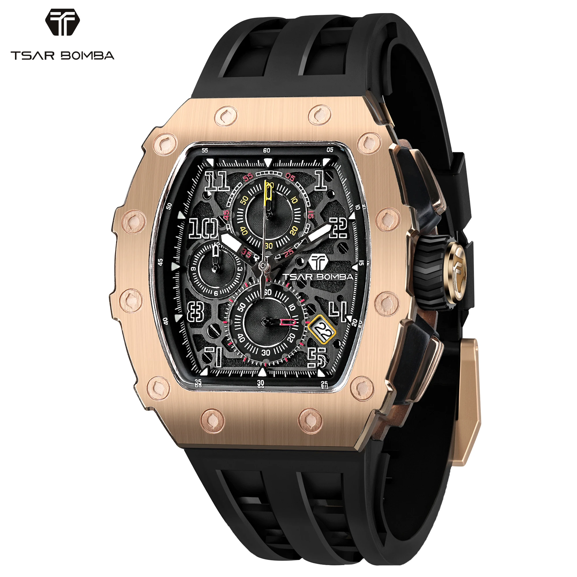 TSAR BOMBA Herrenuhr – Quarz-Armbanduhr für Männer – Wasserdicht bis 50 m – Analoge Luxus-Uhr im Tonneau-Design – Chronograph mit Datumsanzeige – Elegante Business- und Arbeitsuhr – Große,