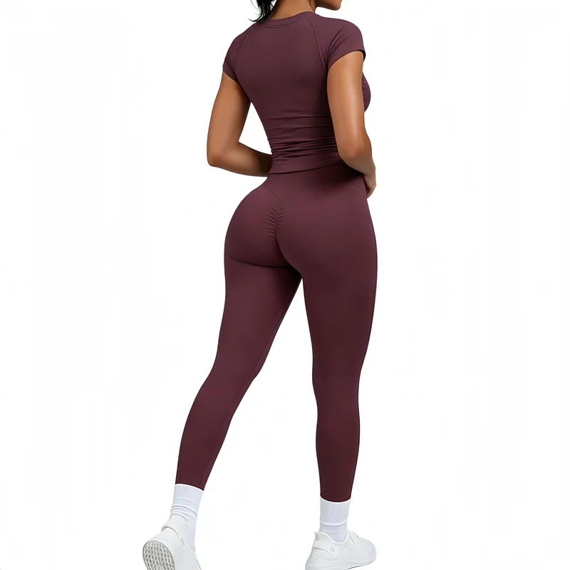 2-teiliges HISTELLO Impact Kurzarm-Oberteil-Set für Damen, Low-Waist-Leggings mit Po-Lifting-Effekt, dehnbares Yoga-Fitness-Workout-Set Image