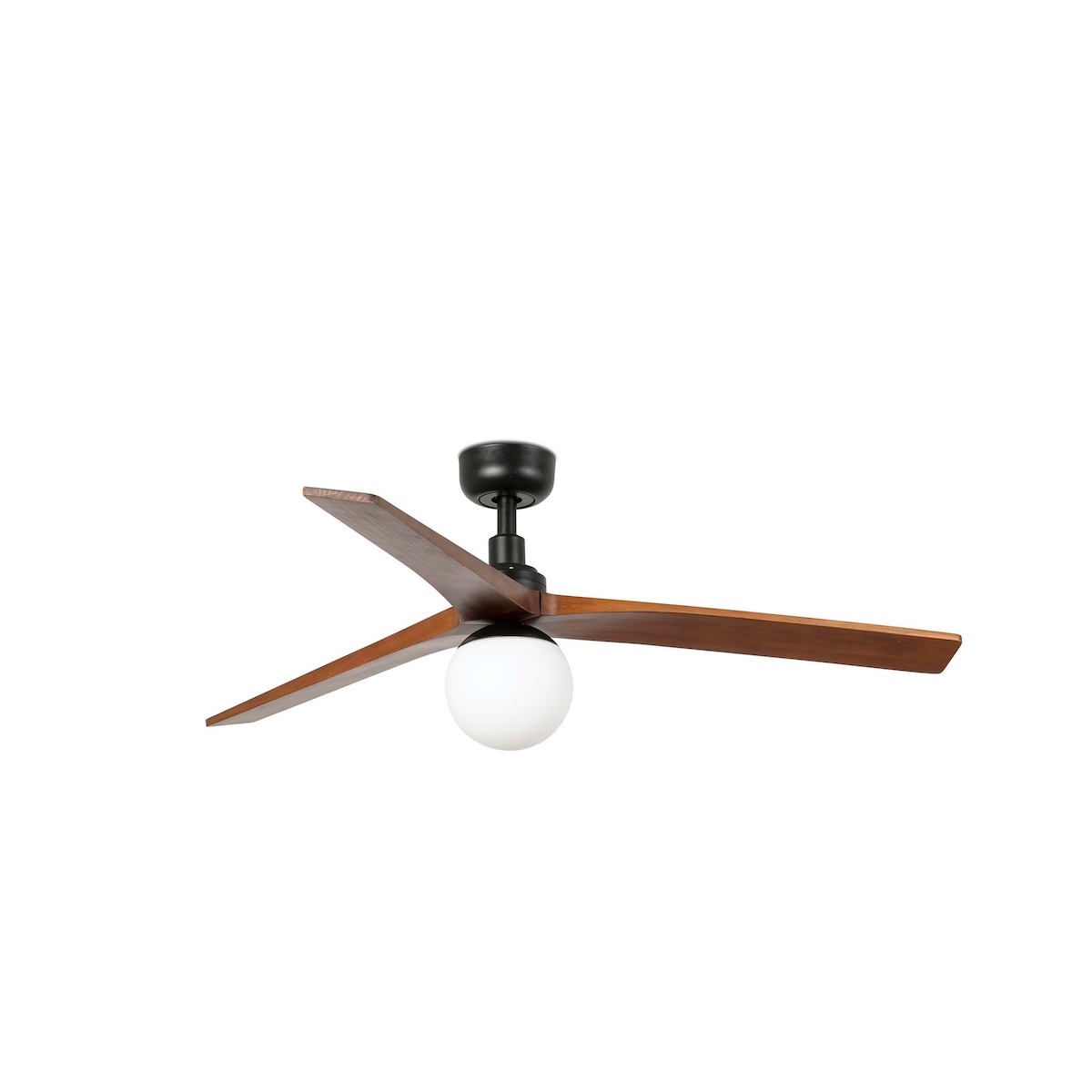 faro barcelona klim m schwarzer ventilator mit flügeln aus dunklem walnussholz und beleuchtung. Durchmesser 125 cm, Höhe 34,8 cm. Image