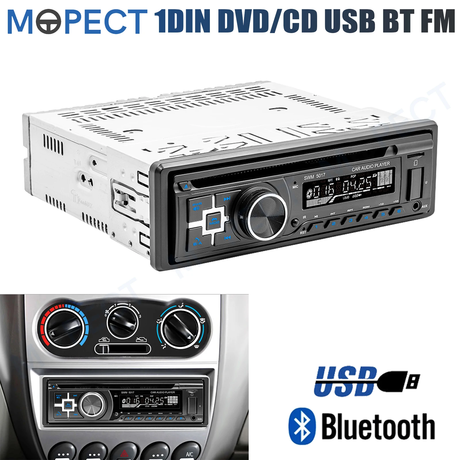 MOPECT Single 1 DIN DVD CD Autoradio Stereo MP3-Player In-Dash FM USB-Sticks AUX Bluetooth Haupteinheit SD TF-Speicherkarte Freisprecheinrichtung Image