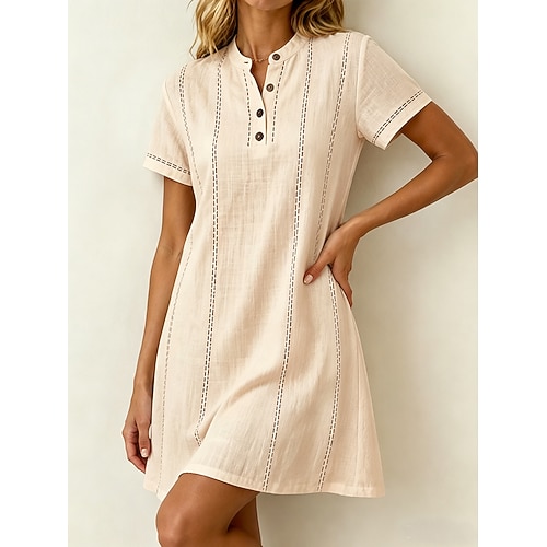 Per donna Mini Abito Abito Camicia Abito Bianco Vestito Casual Elegante Moda Moderno All'aperto Vacanza Uscire Vestibilità regolare A righe Manica Corta Scollo a V Bianco Rosa Azzurro cielo Albicocca