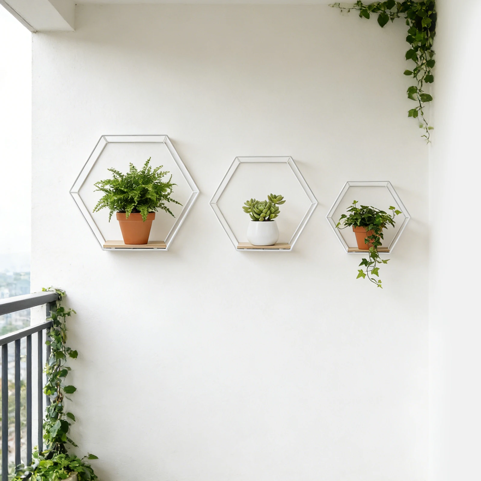 Set di 3 Mensole Galleggianti Esagonali in Metallo con Ripiano in Legno, Decorazione da Parete