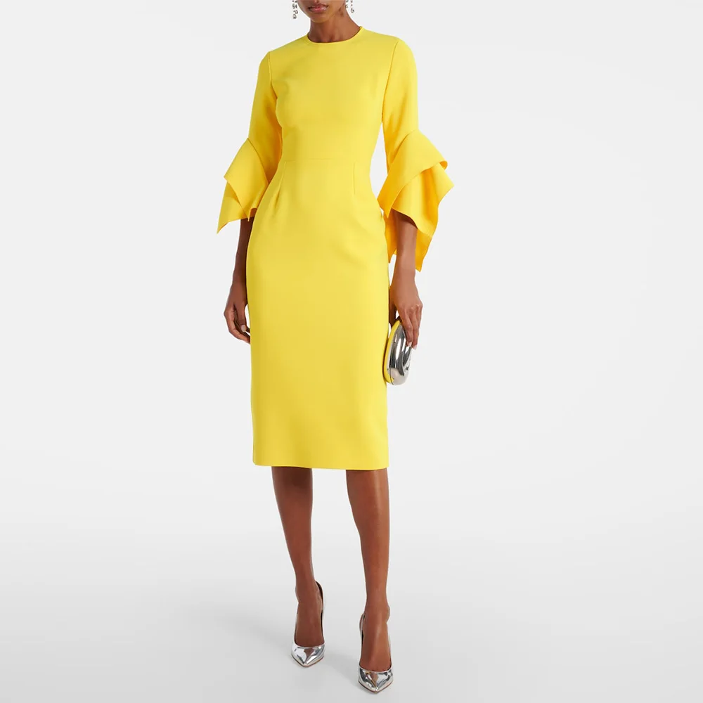 Gelbe Cocktailkleider für Damen, O-Ausschnitt, 3/4-Ärmel, Mantel, kurze Cocktailkleider, Teelänge, Säule, formelles Partykleid 2023