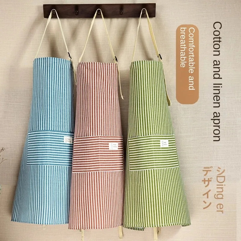 Hanfschürze, gestreifte Baumwolle, japanische Haushaltsschürzen zum Reinigen, Kochen, Backen, mit großer Tasche, niedliche Damenschürze, Overalls Image