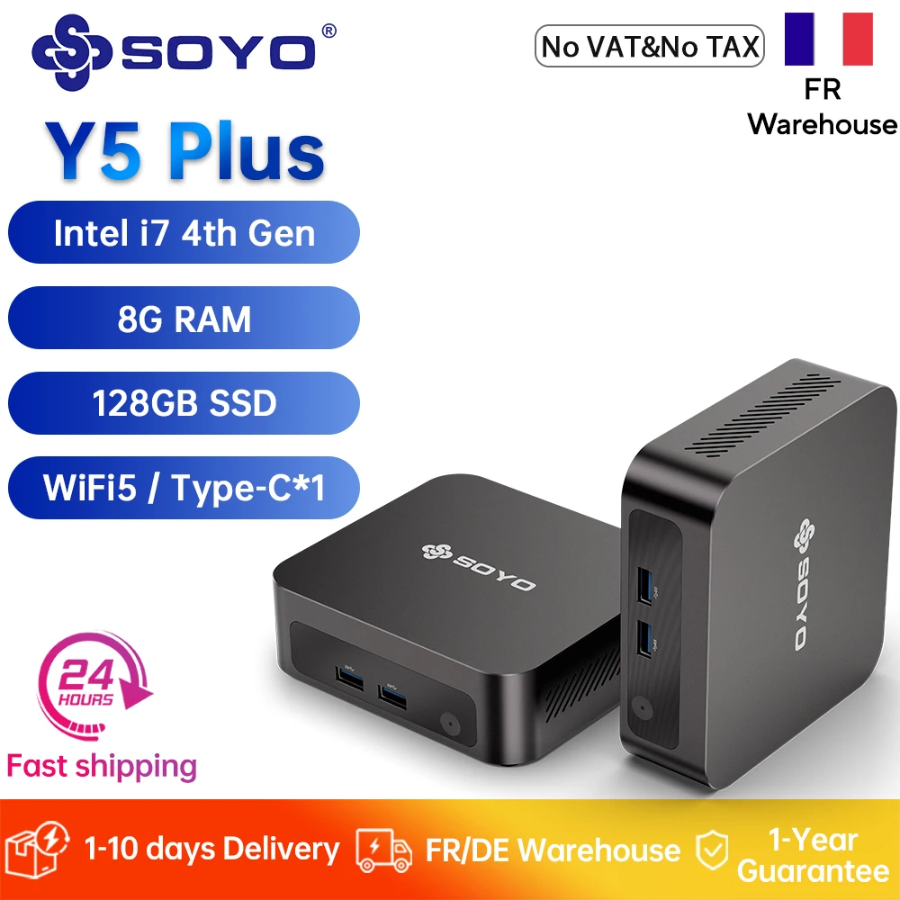 SOYO Neuer Y5 Plus Mini-PC Intel Core i7 4. Generation CPU (bis zu 3,3 GHz) 8 GB RAM 128 GB SSD Desktop-Computer Dual 4K Display Typ-C WiFi5