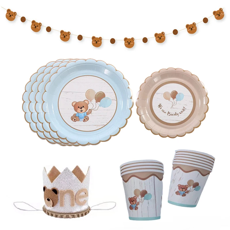 Cartoon Baby Bär Party Platte Tasse Geschirr Bär 1. Geburtstag Party Decor Kinder Favor Baby Dusche Alles Gute zum Geburtstag Party Supplies