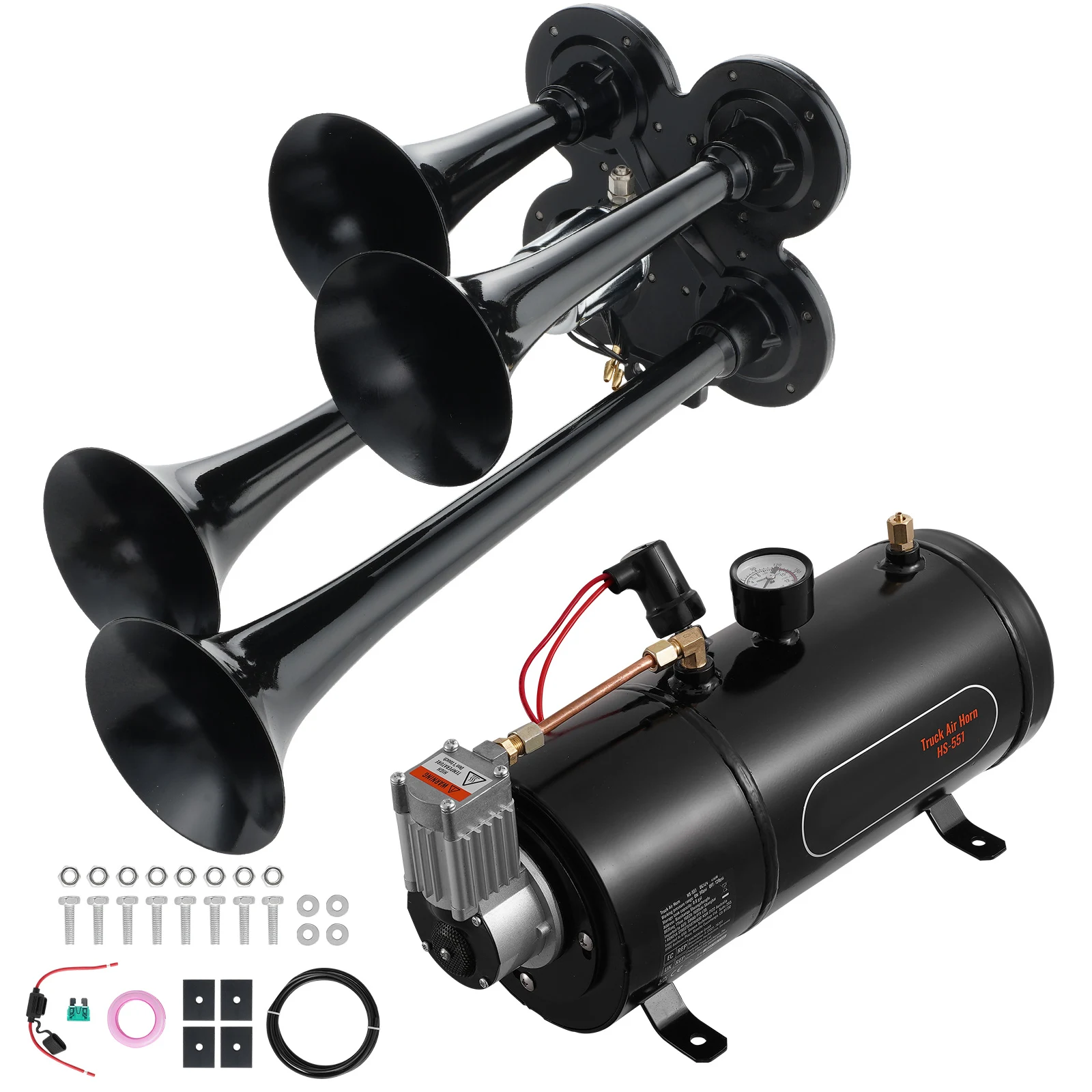 SucceBuy Zughörner-Set, 4 Trompeten-Lufthupen-Set, 150 dB Zughörner für Pickup-Trucks, 12 V, 120 psi Luftkompressor für LKW-Zug Image
