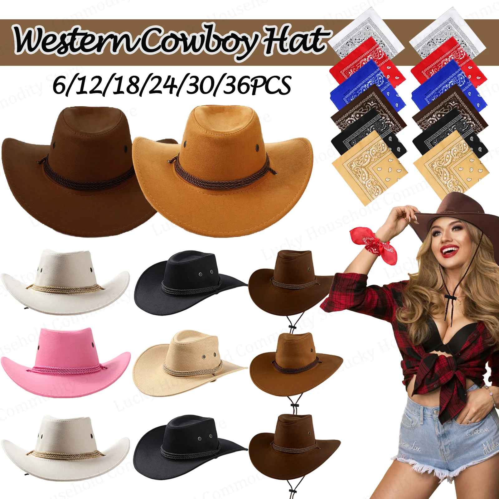 6–36 Set Cowboy-Hüte und Bandanas, große Cowgirl-Hüte für Damen und Herren, Partyzubehör mit Western-Thema, Cosplay-Kostümzubehör