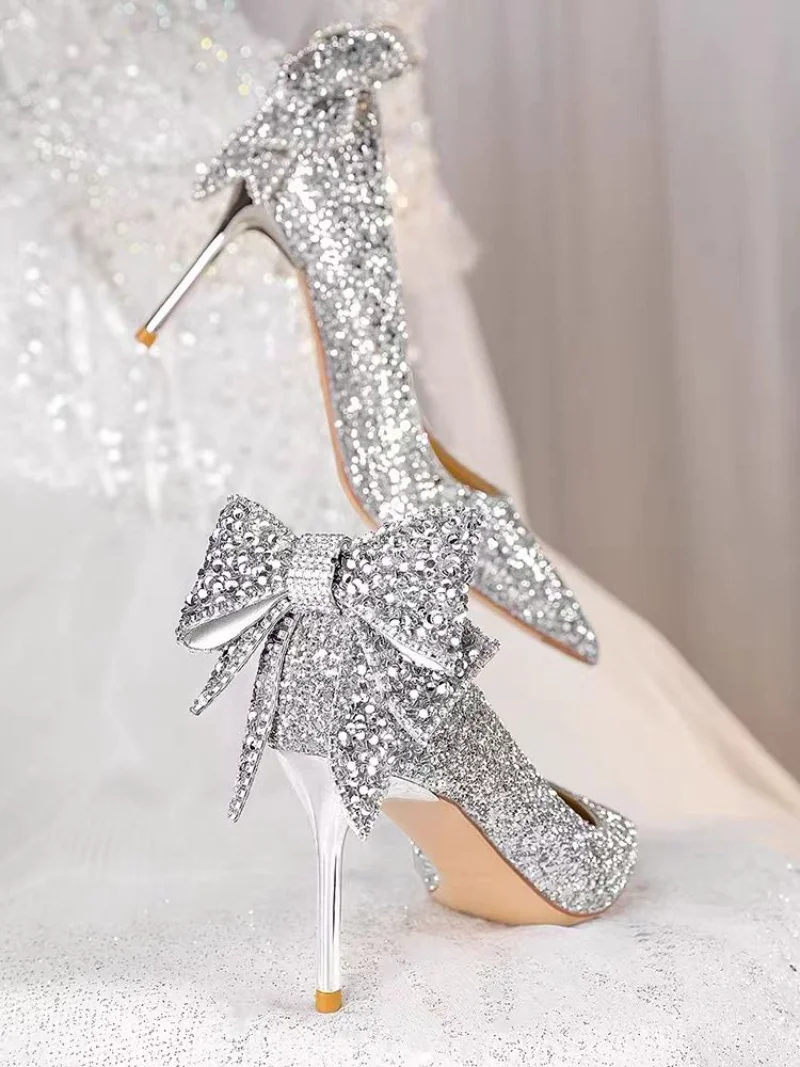 Schuhe für Damen, 2025, Stiletto-Silber, Damen-Sommerschuhe, Hochzeit, Brautschuh, Strass, spitzer Zehenbereich, Super-High-Heel, Diamant 39