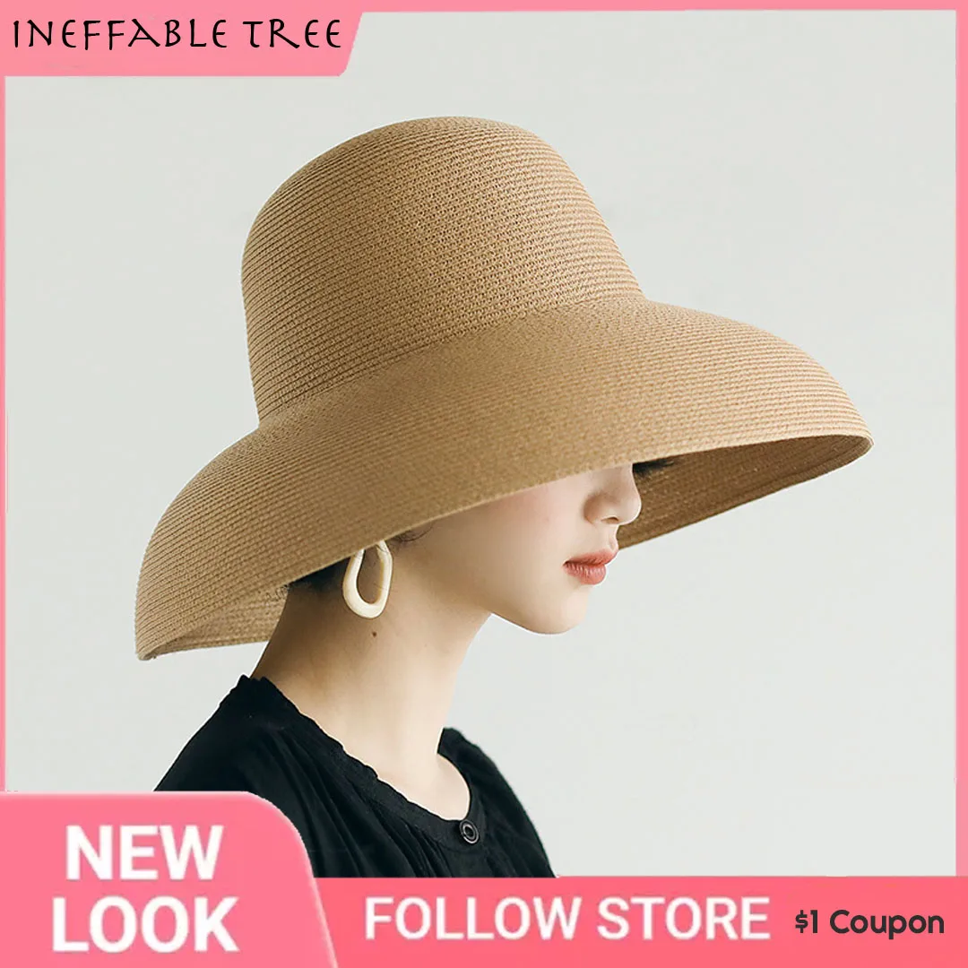 Sommer Hepburn Stil Vintage Design Große Traufe Stroh Hut Frauen Mädchen Einfarbig Strand Urlaub Große Sonne Gorra Image