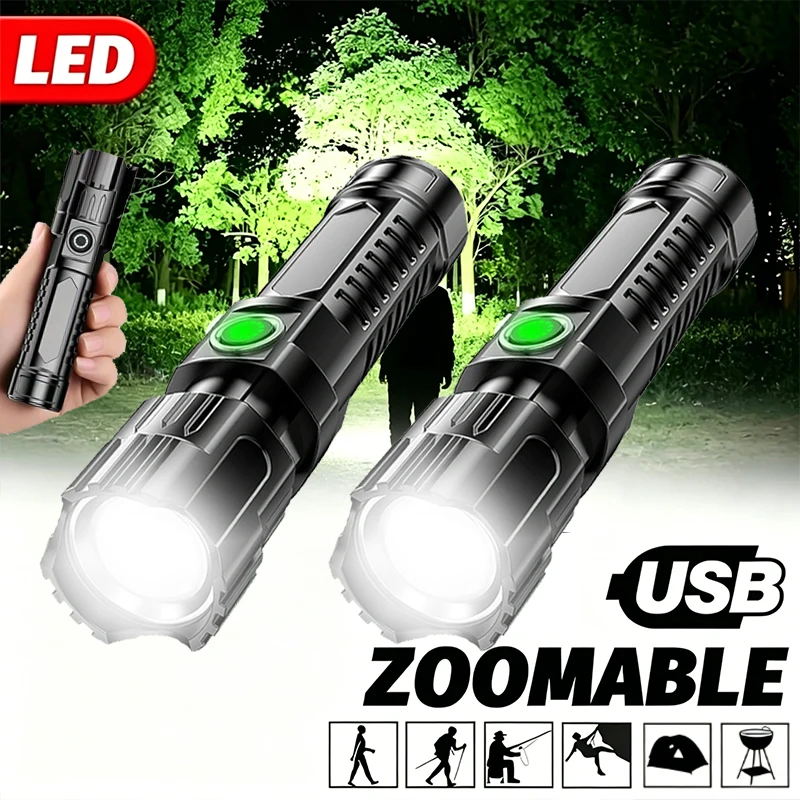 Superhelle LED-Taschenlampe, wiederaufladbare USB-Taschenlampen mit taktischem Zoom, Hochleistungs-Scheinwerfer, Outdoor-Camping-Angeltaschenlampe Image