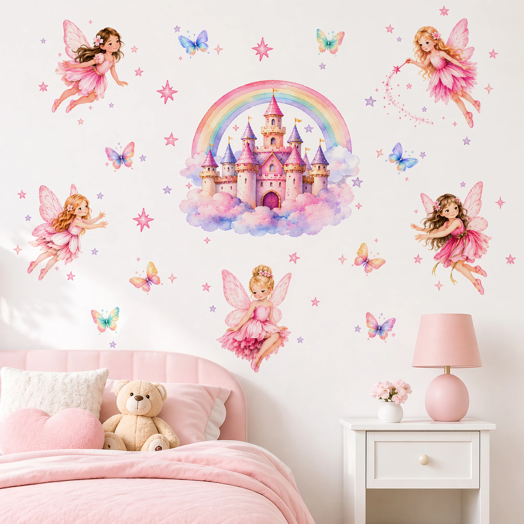Niedliches Prinzessinnen-Schloss und Feen-Wandaufkleber-Set, Regenbogen-Schmetterling-Wandsticker, für Mädchenzimmer - Dekoration für Kinderzimmer
