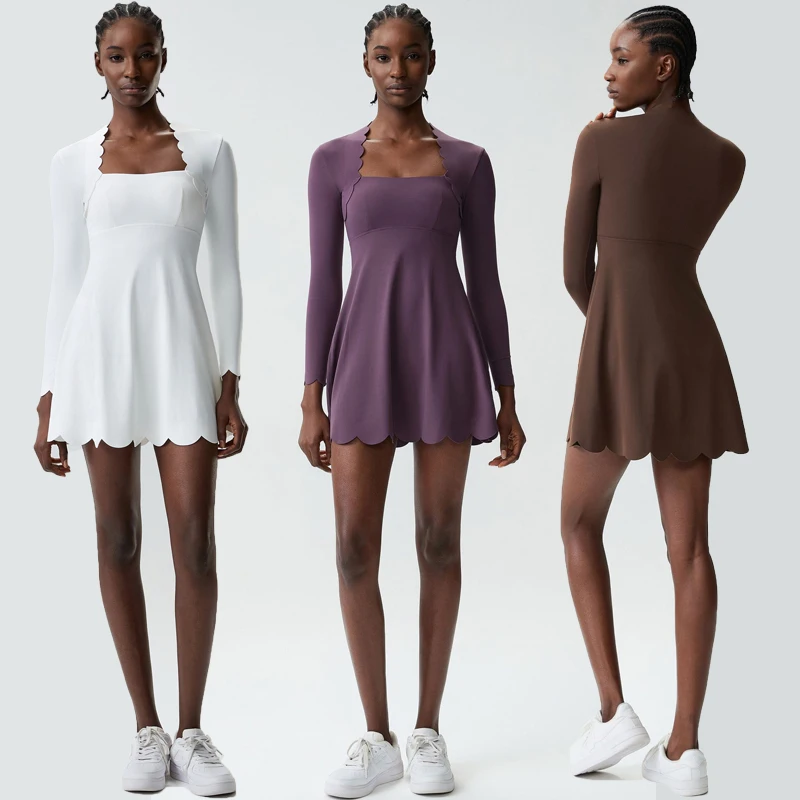 Jupe de yoga et de tennis pour femmes, couleur unie, tenue de course en plein air, robe de sport extensible à manches longues, respirante, séchage rapide, vêtements de sport courts