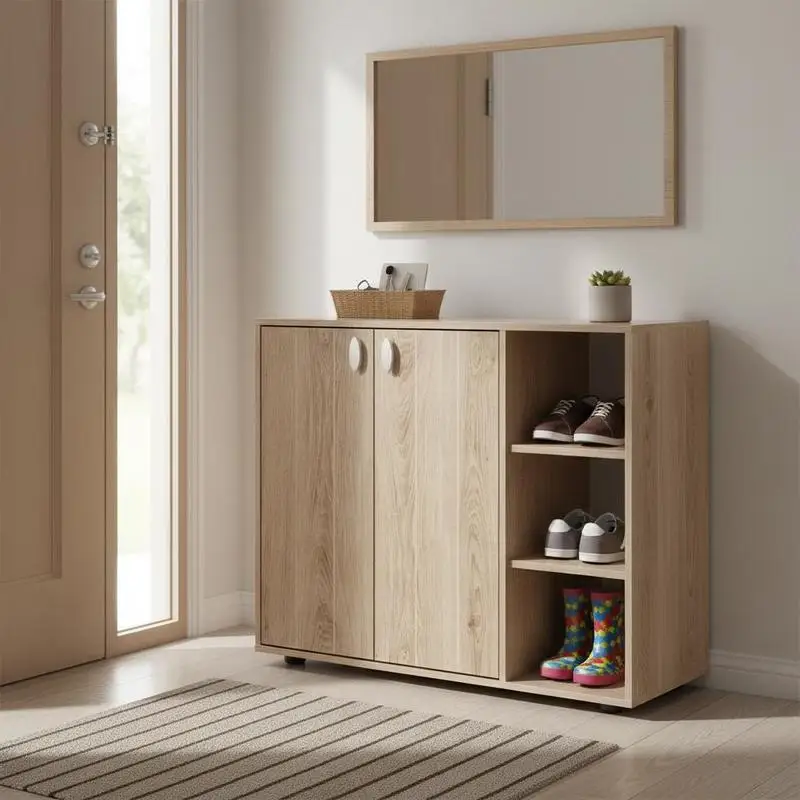 Schuhschrank mit Türen, 3-stufiger Schuh-Organizer mit verstellbaren offenen Regalen, 80 x 31 x 64,5 cm, Naturfarben