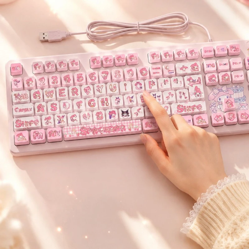 My Melody Themen-Tastatur Kabelgebunden und Kabellos Wählbar Geräuschlos Hochwertig Niedliche Rosa Süße Büro-Gaming-Tastatur Mädchen Geburtstagsgeschenk Image