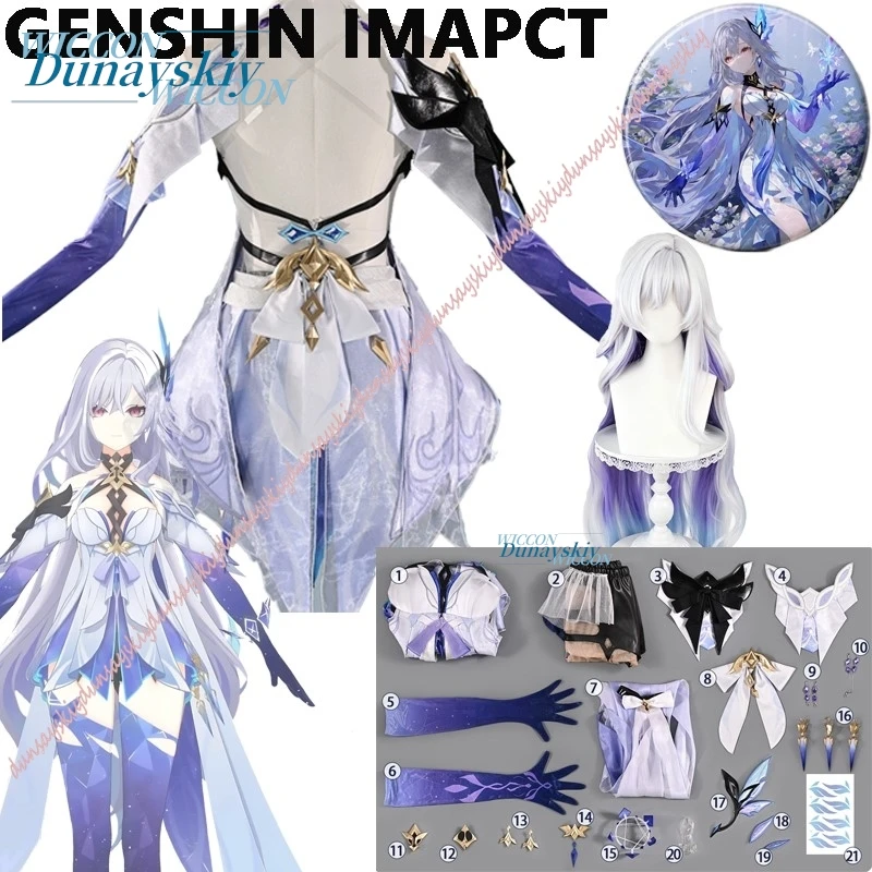 Genshin Impact Skirk Cosplay-Kostüm, Skirk Collab-Serie, komplettes Set mit Perücke, Halloween, rundes Anstecknadel-Abzeichen, Party-Outfit für Frauen Image