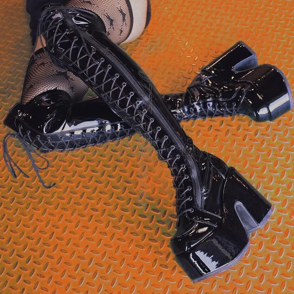 Punk-Stiefel mit Dicker Sohle und Reißverschluss-Dekoration Vorne Geschnürte Damenschuhe Schwarzes Leder Chunky Schuhe 2025 Zapatos Para Mujeres Image