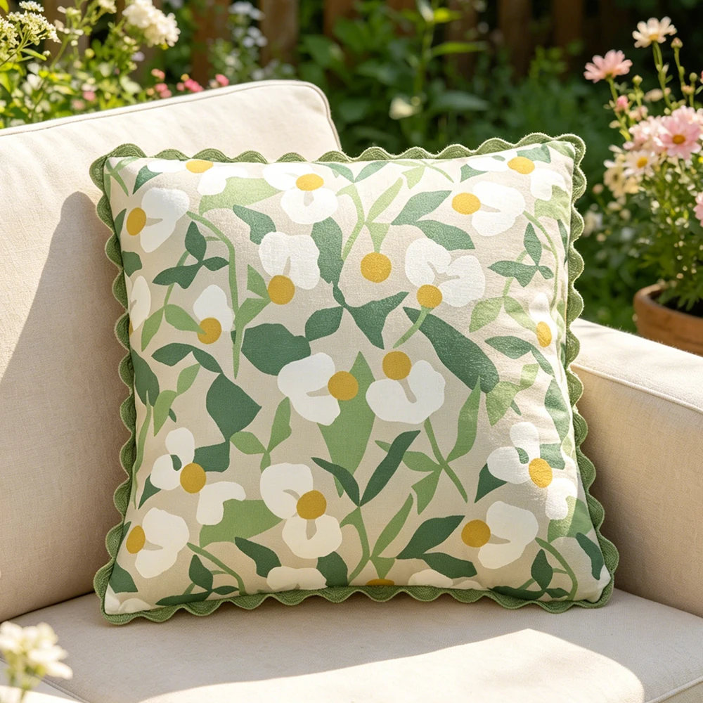 BUYNOW 1PC Kissenbezug mit Frühlingsblumen-Aufdruck, gebogener Spitzen-Kissenbezug für Wohnzimmer, Sofa, Zuhause, Bett, Dekoration, Housse De Coussin Image