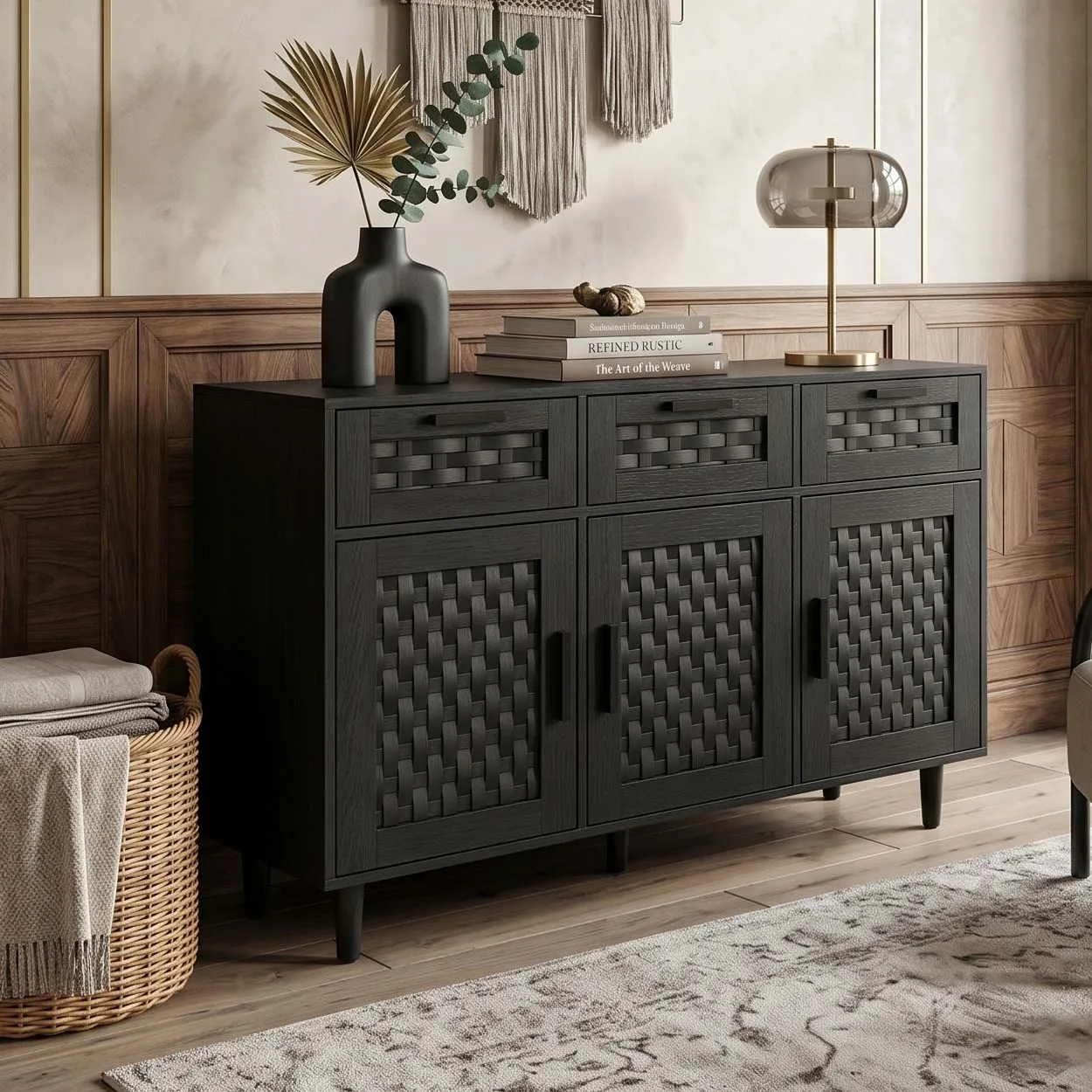 Sideboard cm Natur Eiche Rrotin PVC, 3 Schubladen & 3 Türen, Aufbewahrungsmöbel für Wohnzimmer & Küche, skandinavischer Bohemian-Stil Image