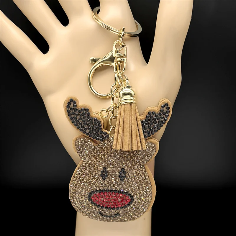 Brauner Elchkopf, süßer Schlüsselanhänger für Damen und Herren, voller Strass, Kristallquaste, Weihnachtsfest, Taschenanhänger, Schlüsselanhänger, Schmuck, Geschenke Image